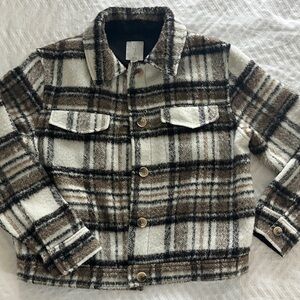 Women’s cropped Plaid Wool-Blend Shacket Jacket - Cream & Brown